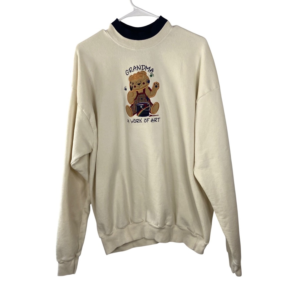 MC Sportswear Grandma A Work of Art Teddy Bear Sweatshirt Cream Navy 2X‎ Vintage
